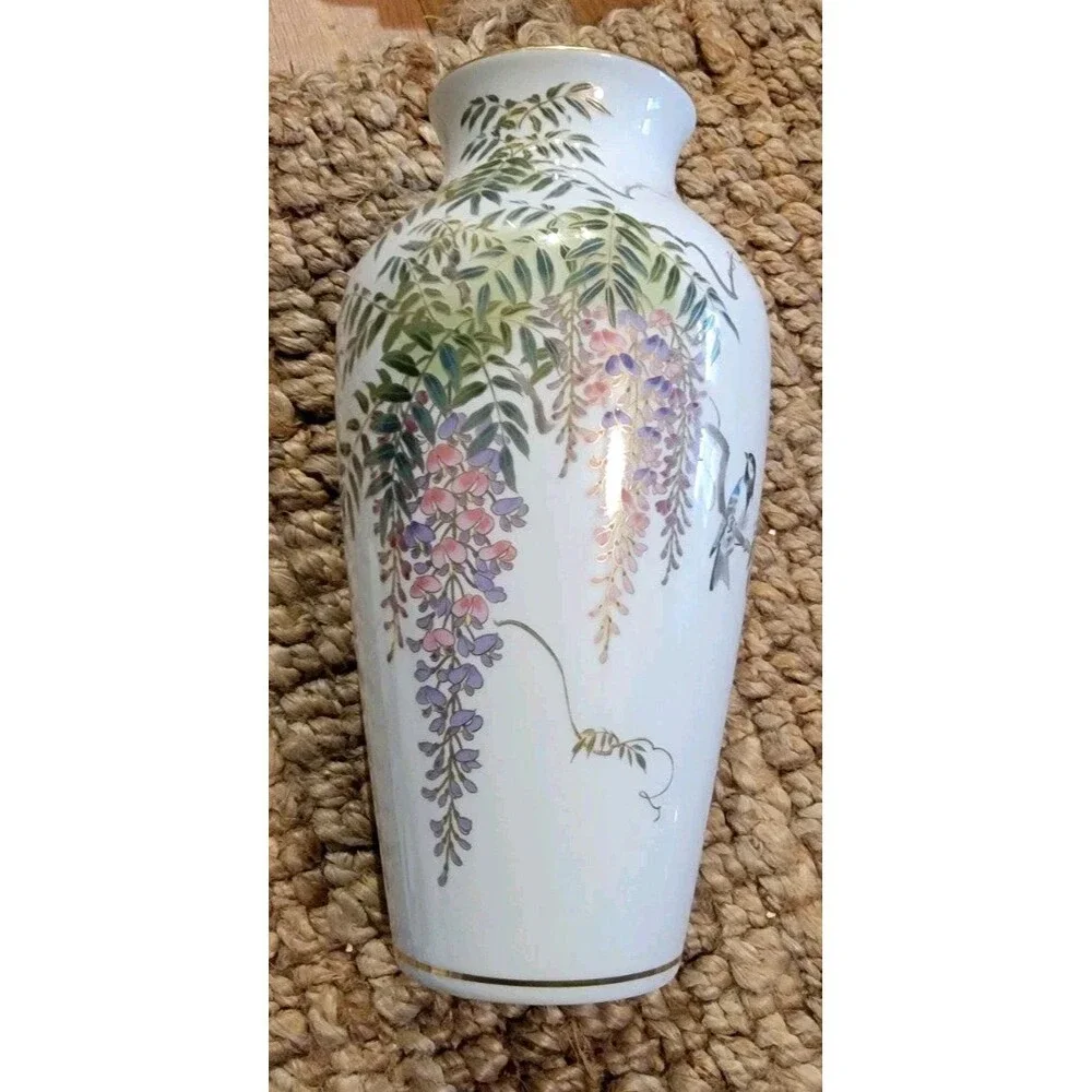 Vintage Shibata Japan Fine Porcelain Vase Flowering Wisteria Vine w Songbird 12
